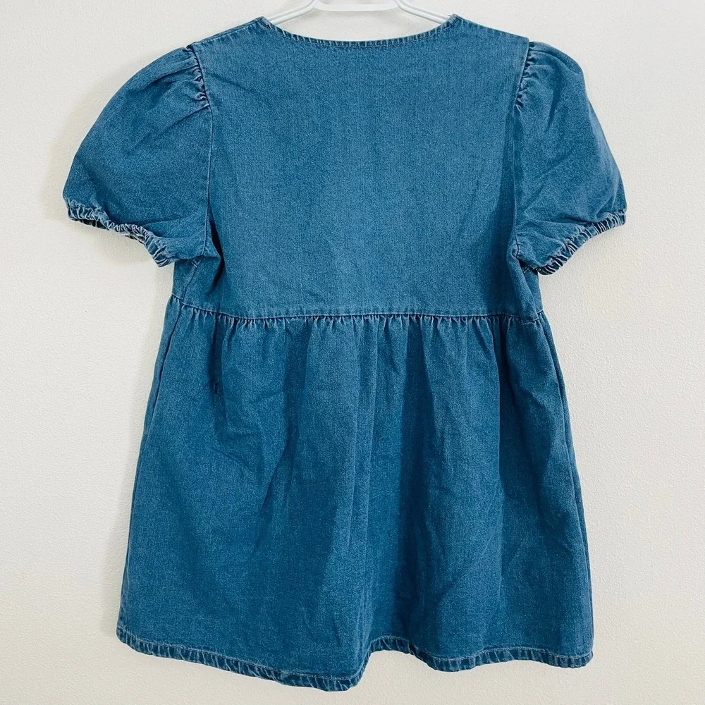 NWT Forever 21 SHEIN Denim Babydoll Mini Dress Puff Sleeve Tie Front Large Y2K‎ - Picture 4 of 8